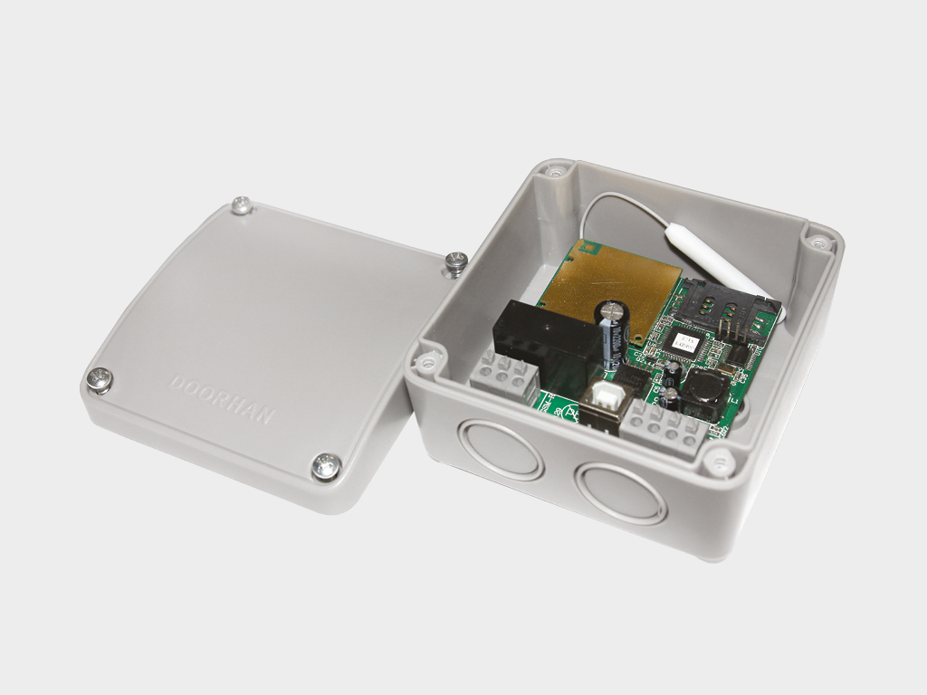 GSM-module receives a mobile phone signal and transmits a control signal to operate the operator or barrier